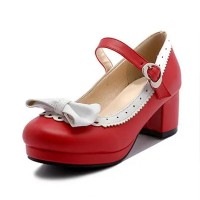 Round Toe Chunky Heels Sweet Bowknot Lolita Mary Janes Pumps - Red