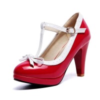 Round Toe Chunky Heels Sweet Bowknot Lolita T Straps Pumps - Red