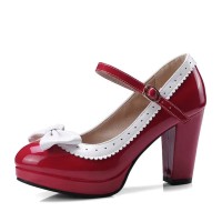 Round Toe Chunky Heels Sweet Bowknot Lolita Mary Janes Pumps - Red