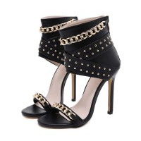 Peep Toe Ankle Golden Metal Rivet and Chain Decoration Summer Booties - Black Faux Leather