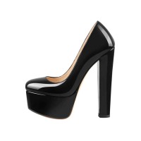 Chunky Heels Round Toe Platform Block Pumps - Black Patent