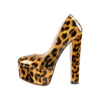 Chunky Heels Round Toe Platform Block Pumps - Leopard Patent - SPECIAL - Size 14