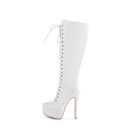 Stiletto Heels Platform Knee High Lace Up Booties with Side Zipper - White
