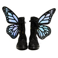 Round Toe Ankle Lace Up Butterfly Wings Boots with Zipper - Black
