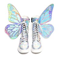 Round Toe Ankle Lace Up Butterfly Wings Boots with Zipper - Silver