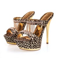 Peep Toe Rhinestones Leopard Pattern Stiletto Heels Platforms Sandals - Black
