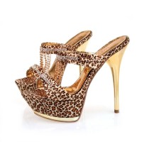 Peep Toe Rhinestones Leopard Pattern Stiletto Heels Platforms Sandals - Yellow