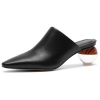 Pointed Toe Strange Ball Heels Half Slippers Sandals - Black Leather