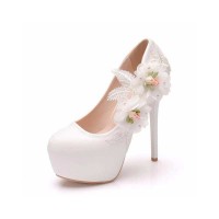 Round Toe Ankle Straps Tulle Floral Stiletto Heels Platforms Wedding Pumps - White
