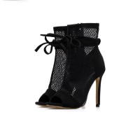 Peep Toe Air Mesh Ankle Stiletto Heels Lace Up with Side Zipper Summer Boots - Black