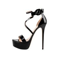Italian Heels Peep Toe Cross-tied Ankle Buckle Strap Platform Pumps - Black Patent