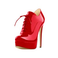 Italian Heel Round Toe Platform Lace Up Patent Booties - Red
