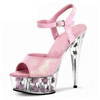 Crystal Toe Flower Base Cone Heel Summer Shoes - Pink with Pink Flowers