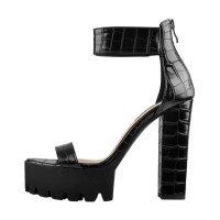 Peep Toe Chunky Heels Ankle Buckle Straps Crocodile Print Platforms Sandals - Black