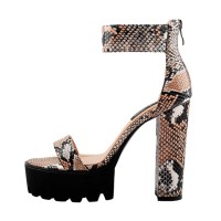 Peep Toe Chunky Heels Ankle Buckle Straps Snake Print Platforms Sandals - Tan