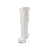 Stiletto Heels Round Toe Side Zipper Platform Knee High Boots - White