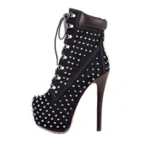 Round Toe Stiletto Heels Lace Up Platforms Ankle Highs Punk Booties - Black