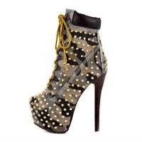 Round Toe Stiletto Heels Lace Up Platforms Ankle Highs Punk Booties - Light Camouflage