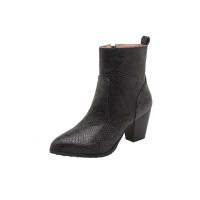 Chunky Heels Pointed Toe Snake Print Ankle Boots with Side Zipper - Black