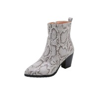 Chunky Heels Pointed Toe Snake Print Ankle Boots with Side Zipper - Gray