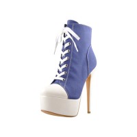 Stiletto Heels Round Toe Lace Up Platform Canvas Chuck Booties with Side Zipper - Blue