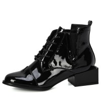 Round Toe Strange Block Heels Lace Up Ankle High Chelsea Boots - Black