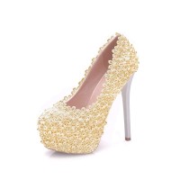 Round Toe Floral Lace Covered Stiletto Heels Platforms Pumps - Beige