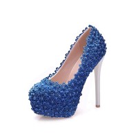 Round Toe Floral Lace Covered Stiletto Heels Platforms Pumps - Blue