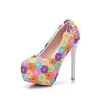 Round Toe Floral Lace Covered Stiletto Heels Platforms Pumps - Multicolor