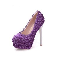 Round Toe Floral Lace Covered Stiletto Heels Platforms Pumps - Purple