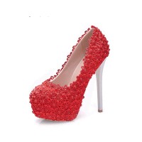 Round Toe Floral Lace Covered Stiletto Heels Platforms Christmas Pumps - Red