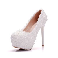 Round Toe Floral Lace Covered Stiletto Heels Platforms Wedding Pumps - White