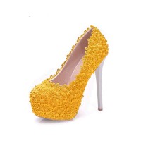 Round Toe Floral Lace Covered Stiletto Heels Platforms Pumps - Yellow