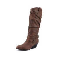 Chunky Heels Pointed Toe Western Cowboy Pull On Rustic Knee High Boots - Auburn