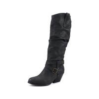 Chunky Heels Pointed Toe Western Cowboy Pull On Rustic Knee High Boots - Black