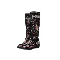 Knee Highs Embroidery Buckle Straps Flat Autumn Winter Boots with Side Zipper - Black