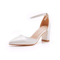 Pointed Toe Ankle Buckle Straps 2.7 Inches Chunky Heels Wedding Dorsay Pumps - White