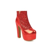 Chunky Heels Round Toe Platforms Sequiny Shiny Ankle Boots - Red