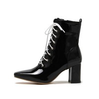 Pointed Toe Chunky Heels Side Zipper LaceUp Motorcycle Boots - Black