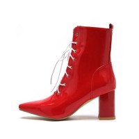 Pointed Toe Chunky Heels Side Zipper LaceUp Motorcycle Boots - Red