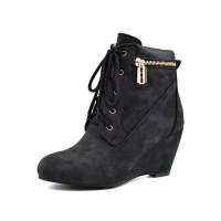 Round Toe Wedges Lace Up Suede Winter Boots - Black