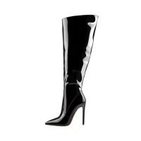 Stiletto Heels Platform Knee High Pointed Toe Booties with Side Zipper - Black