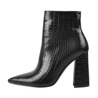 Pointed Toe Chunky Heels Crocodile Pattern Ankle Highs Boots - Black Faux Leather