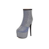 Round Toe Stiletto Heels Platforms Ankle Boots with Zipper - Blue