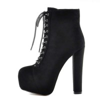 Chunky Heels Flock Lace Up Round Toe Booties with Ankle Strap - Red