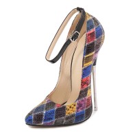 Pointed Toe Stiletto Heels Ankle Buckle Straps Patchwork Pattern Pumps - SkyBlue Patent