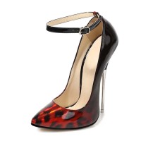 Pointed Toe Stiletto Heels Ankle Buckle Straps Leopard Pattern Pumps - Wine Red Patent