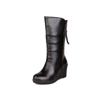 Round Toe Wedges Pull On Plush Fur Winter Ankle Boots - Black