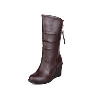 Round Toe Wedges Pull On Plush Fur Winter Ankle Boots - Brown
