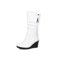 Round Toe Wedges Pull On Plush Fur Winter Ankle Boots - White